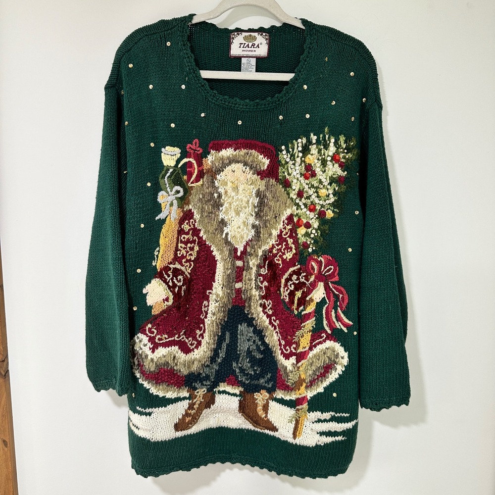Tiara Women Christmas Sweater Santa Claus Ramie Cotton Sequin Plus 18/20 Green